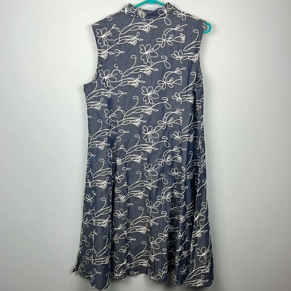 Sahalie large embroidered sleeveless collared a-line women’s dress 100% cotton